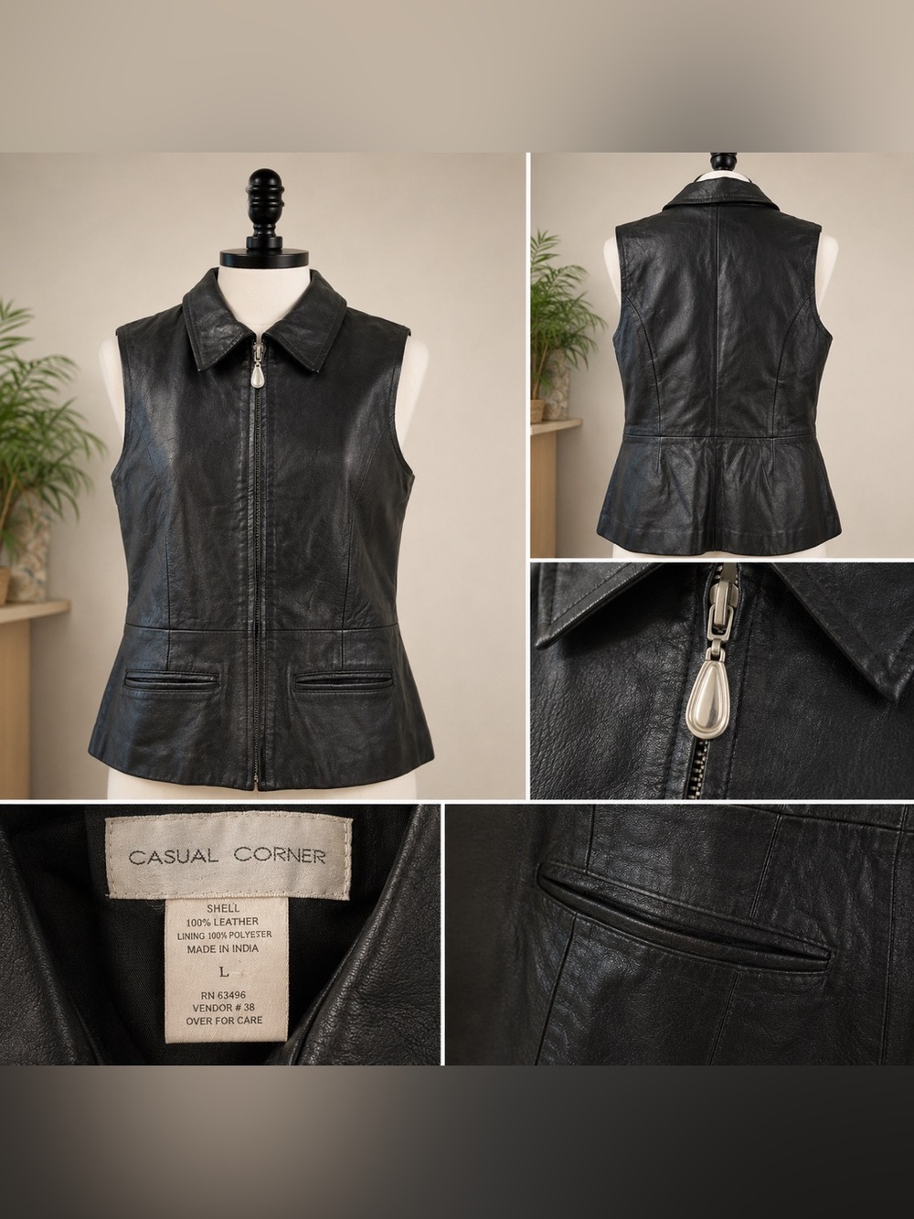 Casual Corner Black Leather Sleeveless Zip Vest with Peplum Waist